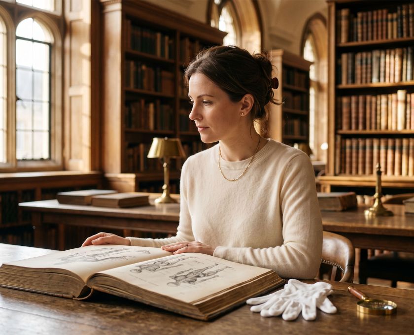 Woman studying a nineteenth-century anatomical folio in a sunlit historical medical library while researching the history of female anatomy
