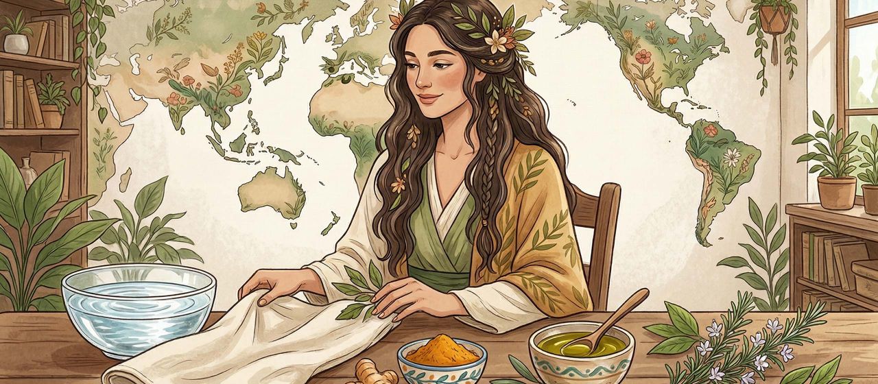 A minimalist flat-lay of global wellness elements: turmeric, olive oil, herbs, and clear water representing intimate hygiene traditions.