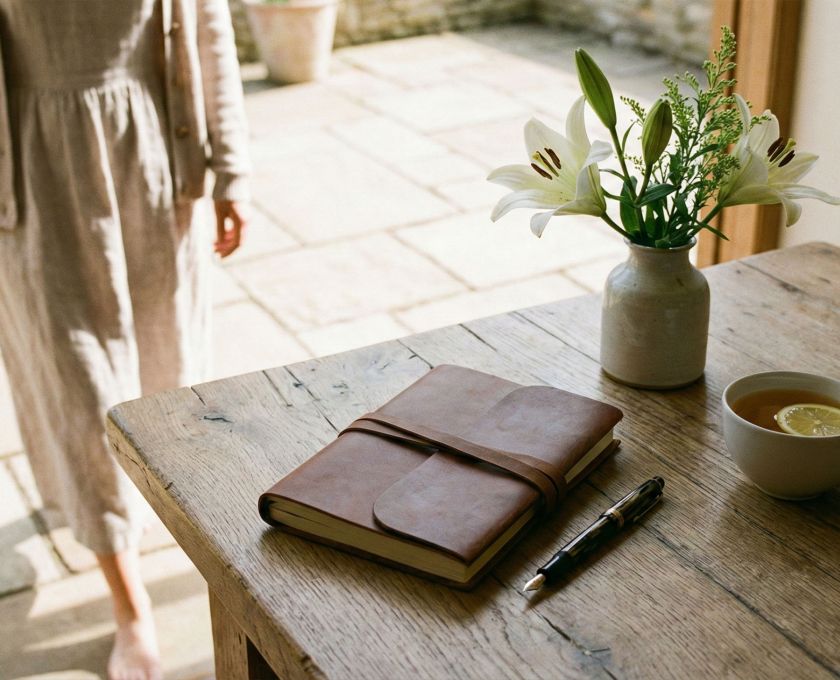 An elegant journal and pen on a wooden table representing feminine reflection and personal growth.