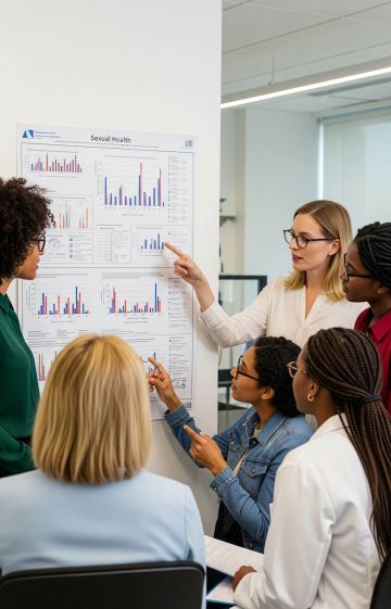 Scientific chart and diverse women discussing sexual health in a research setting