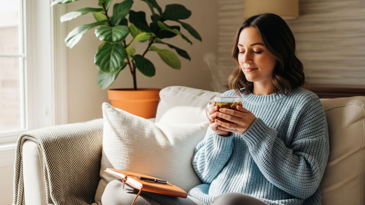 A woman relaxing comfortably with a warm drink, symbolizing the practice of creating rest rituals for each phase of the menstrual cycle.