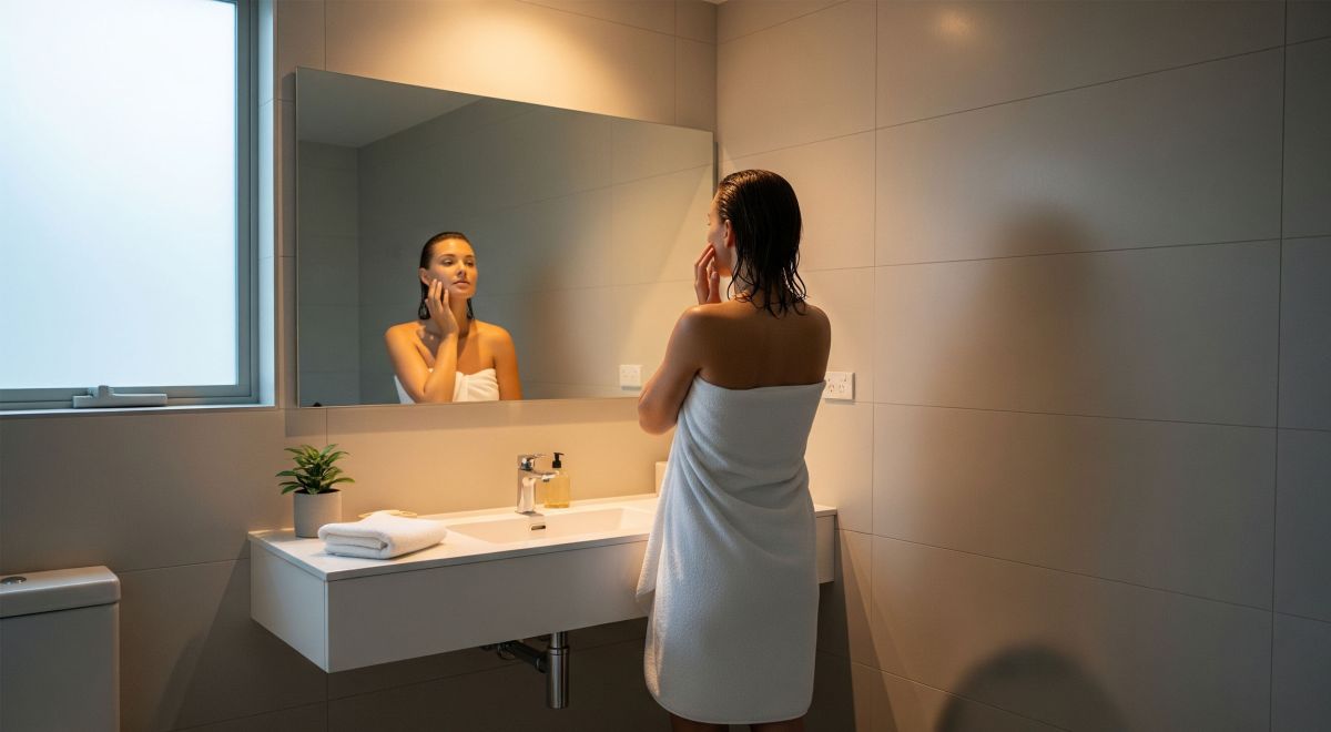 Woman wrapped in towel practicing intimate hygiene in a clean bathroom setting