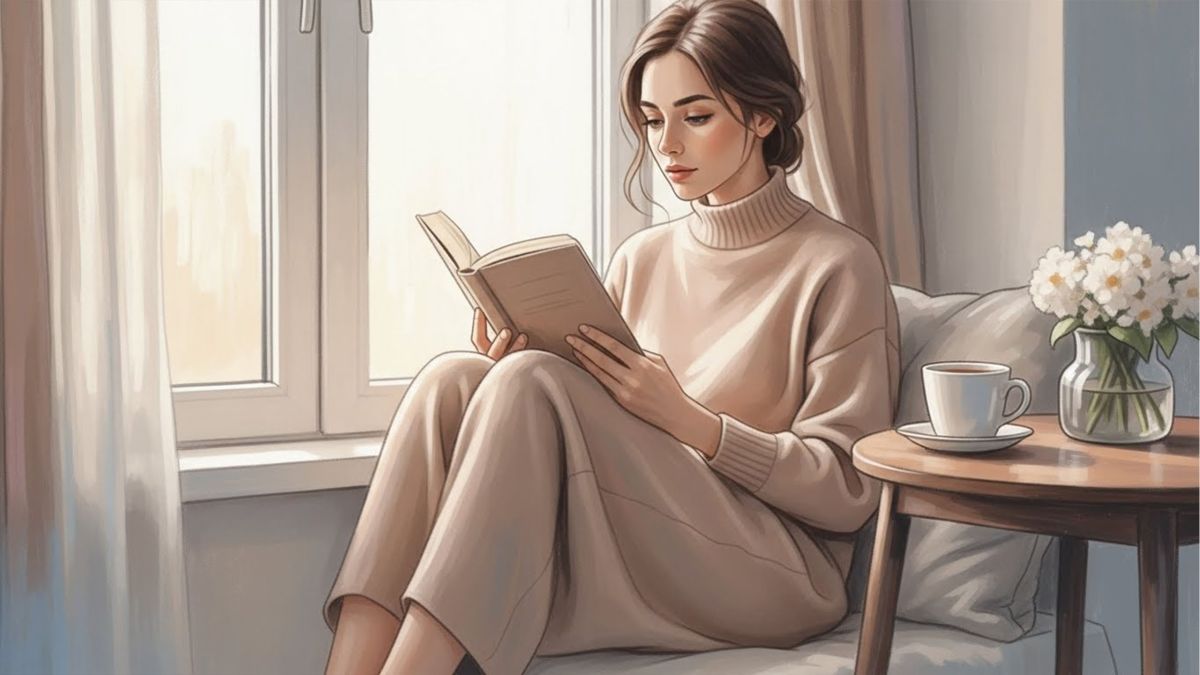 Woman reading with a mug by a window — gentle morning learning moment