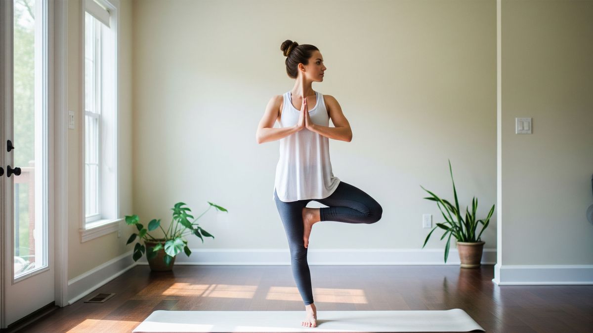 Mujer practicando ejercicios suaves para fortalecer el suelo pélvico en una habitación tranquila