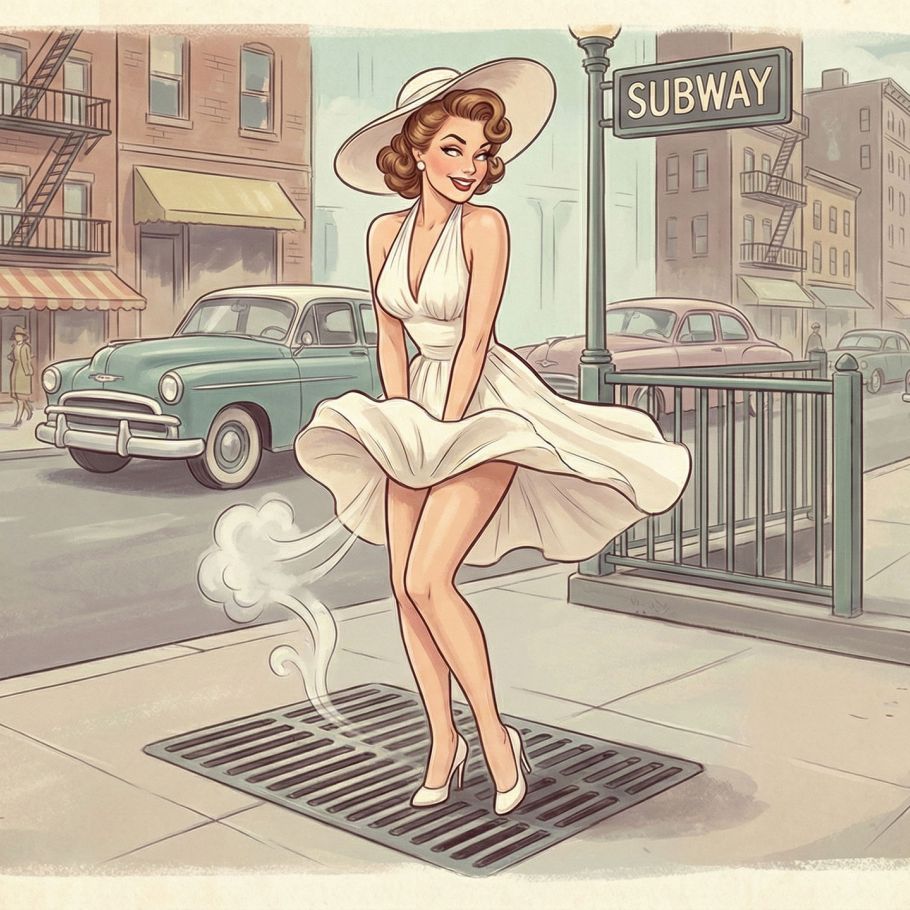 Ilustración artística de una hermosa mujer en un vestido vintage blanco de cuello halter de pie sobre una rejilla de metro