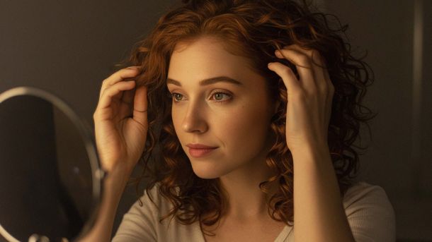 Young woman looking at herself in a mirror, reflecting on beauty standards