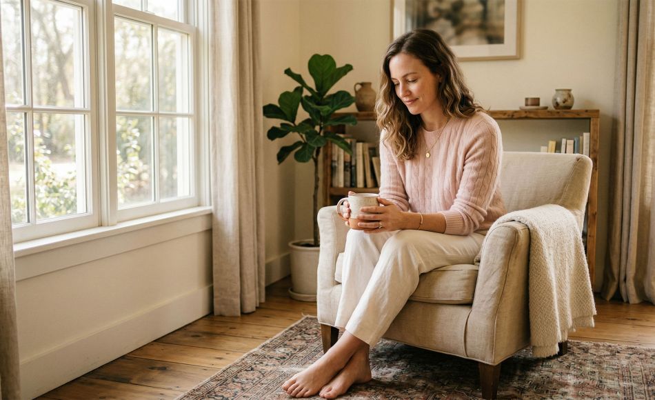 A calm, confident woman in soft natural light, representing body awareness and self-knowledge