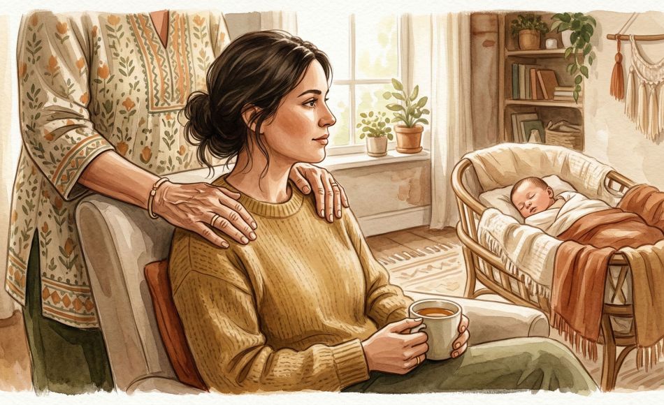 A grandmother supporting a new mother and her infant in a warm home setting.