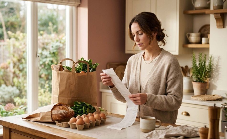 Woman reading a long grocery receipt at her kitchen counter, reflecting on why people vote against their own interests