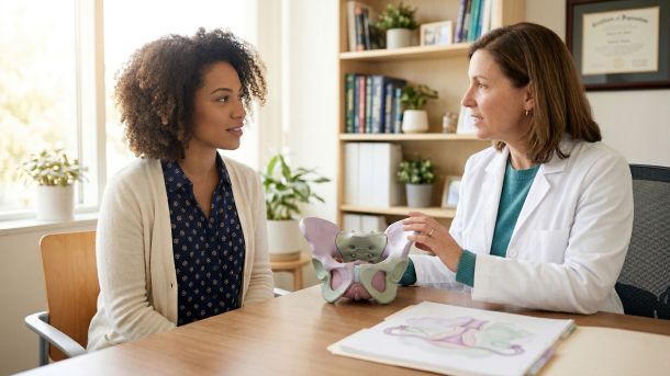 Diagrama anatômico ilustrado do clitóris com rótulos de medição clínica, renderizado em tons pastel suaves para um artigo sobre saúde feminina e clitoromegalia