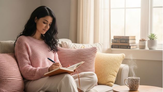 Woman relaxing alone in a soft pastel bedroom, reflecting on solo sexuality