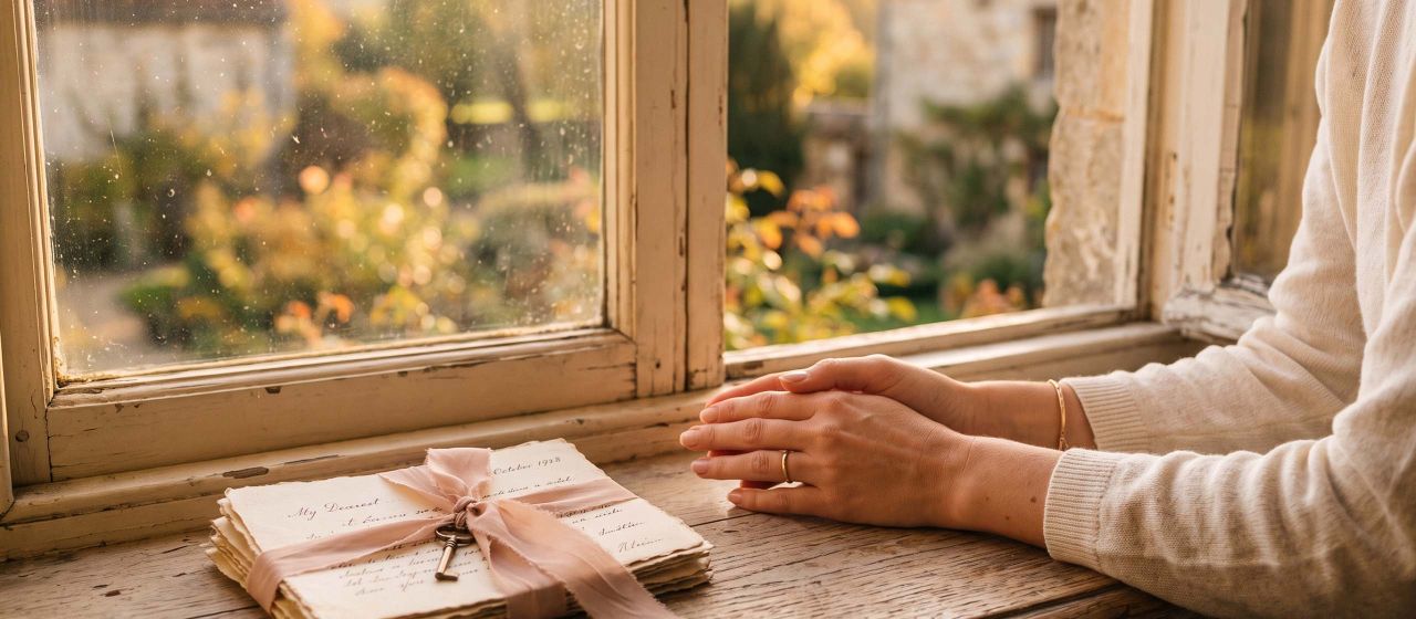 Woman's hands resting beside handwritten love letters in soft window light, representing the history of romantic anticipation