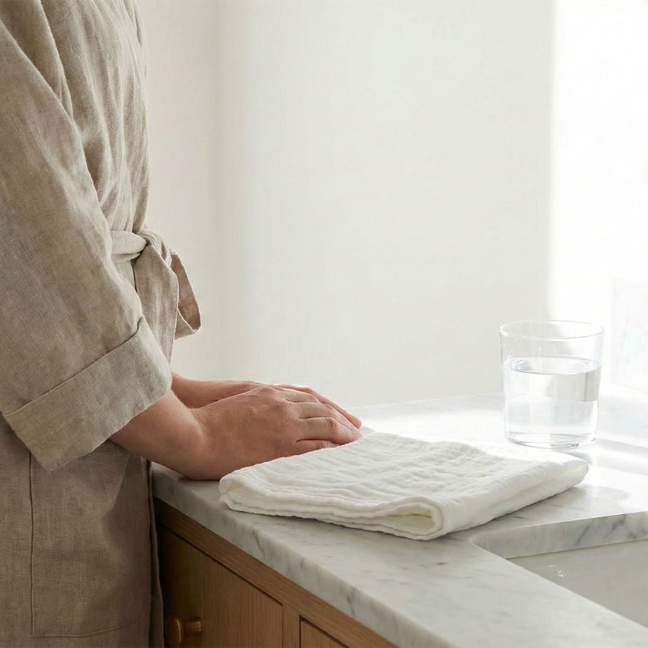 Elegant marble bathroom vanity representing clean and natural feminine hygiene rituals.