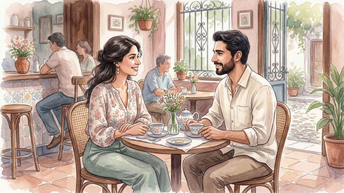 Un hombre y una mujer en una primera reunión respetuosa mostrando señales no verbales positivas.