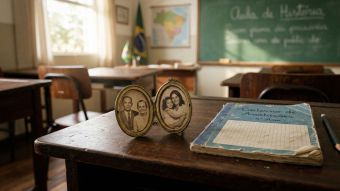 Uma carteira escolar clássica de madeira com uma pequena flor e um medalhão antigo, simbolizando um ambiente educacional calmo e neutro.