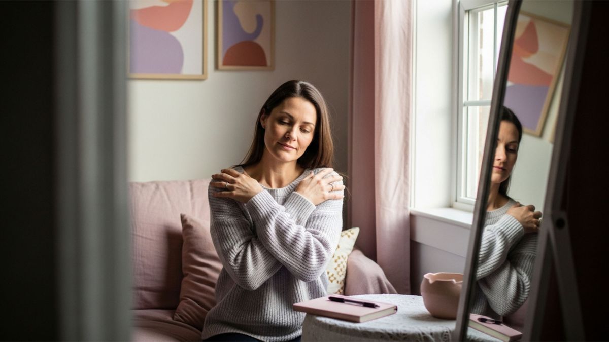 Femme assise devant un miroir, &eacute;crivant dans un journal, dans des tons pastel doux, pour un article sur l&rsquo;appr&eacute;ciation du corps