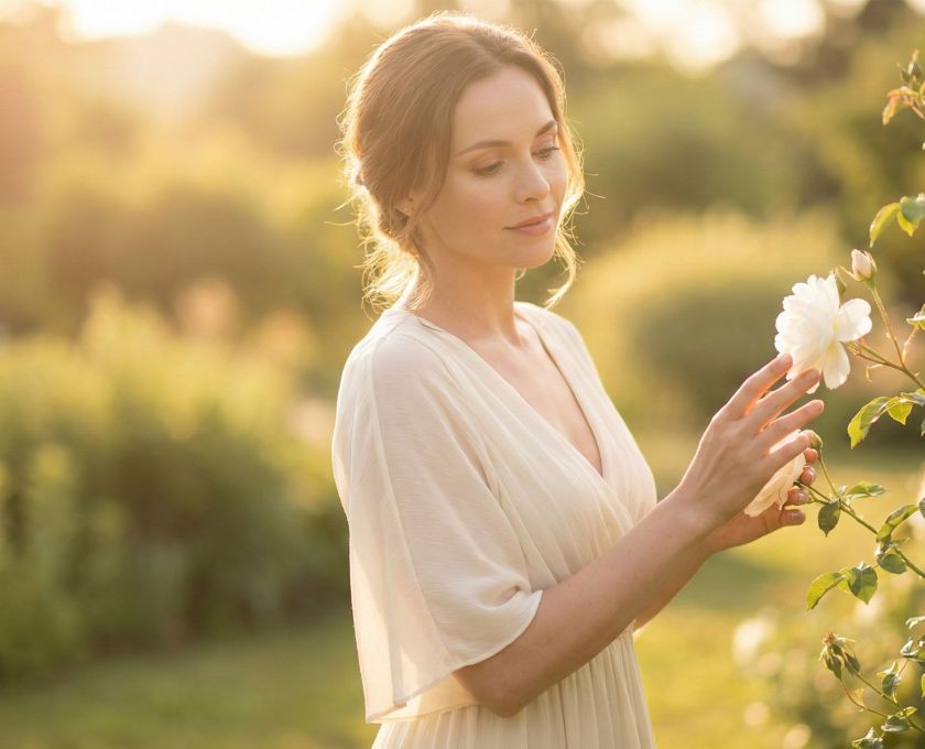 A woman in soft light reflecting on her journey toward body confidence and self-love.