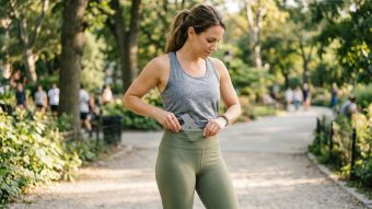 A woman in sage green leggings tucking her smartphone into her waistband while on a walk.
