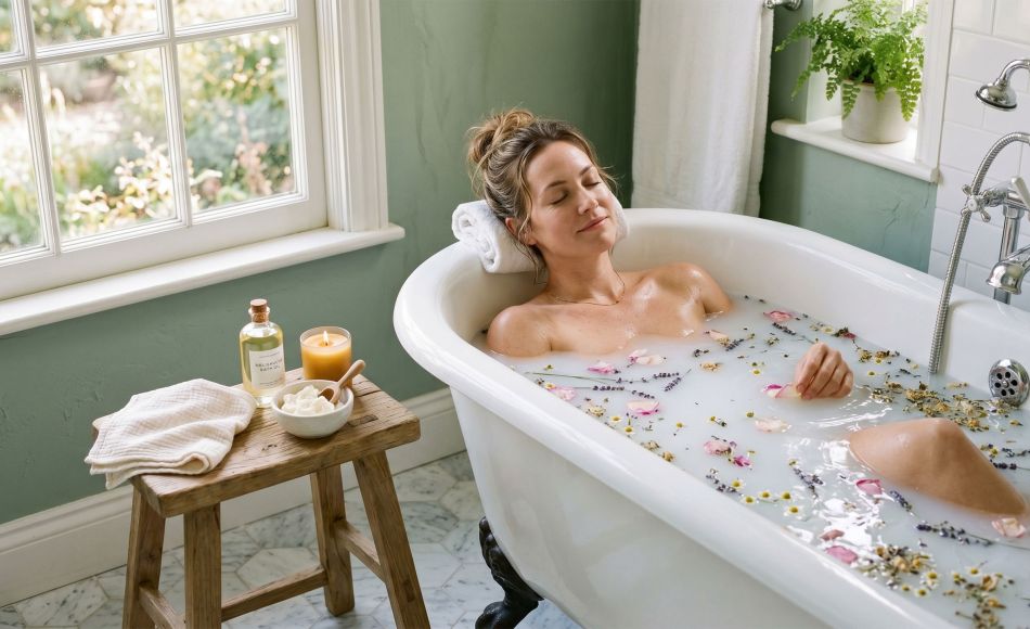 Woman relaxing in a bath surrounded by natural botanicals and seasonal flowers.