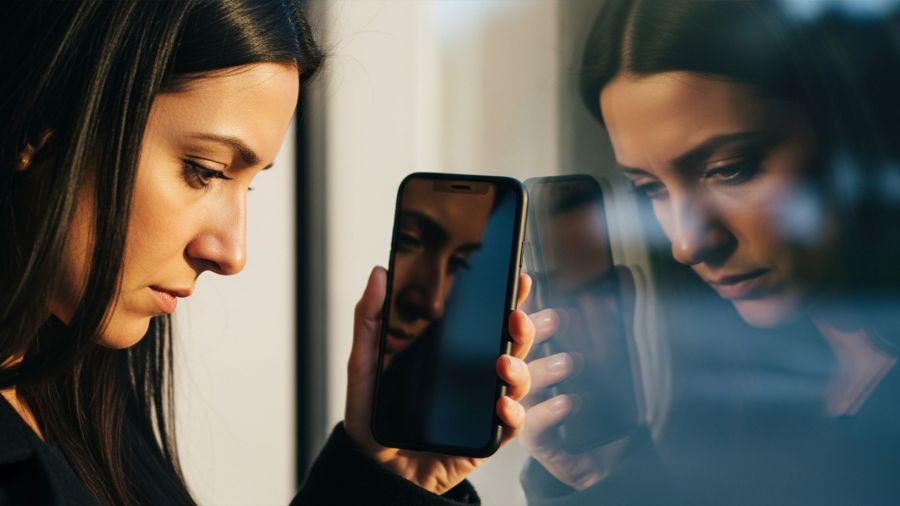 Woman reflected in smartphone screen symbolizing media influence on self-image.