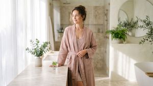 Serene woman in a soft blush robe in bright morning light, representing natural vaginal pH balance and everyday intimate wellness