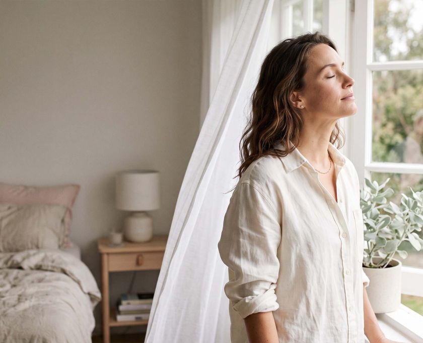 Woman in ivory linen at an open window in soft morning light, illustrating the natural science of female body scent