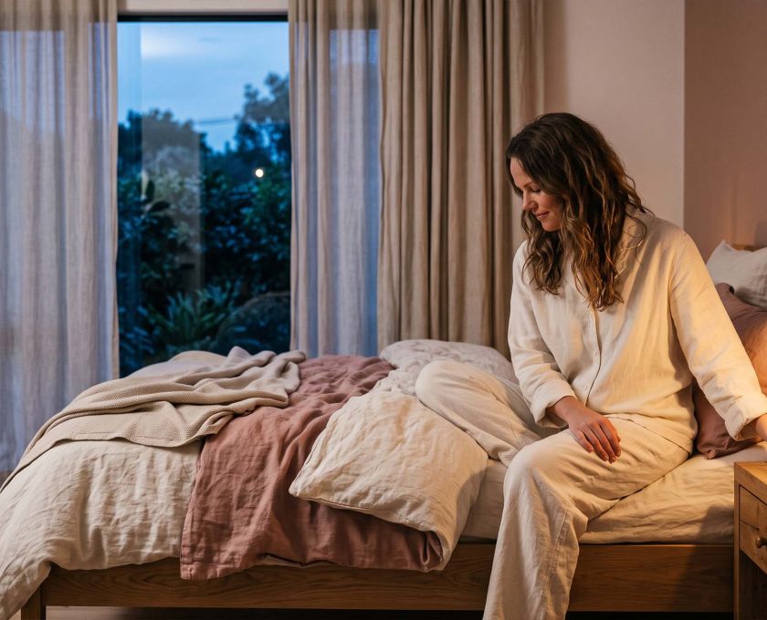 Woman in cream pyjamas switching on a bedside lamp at dusk, illustrating the unspoken signals couples use for intimacy