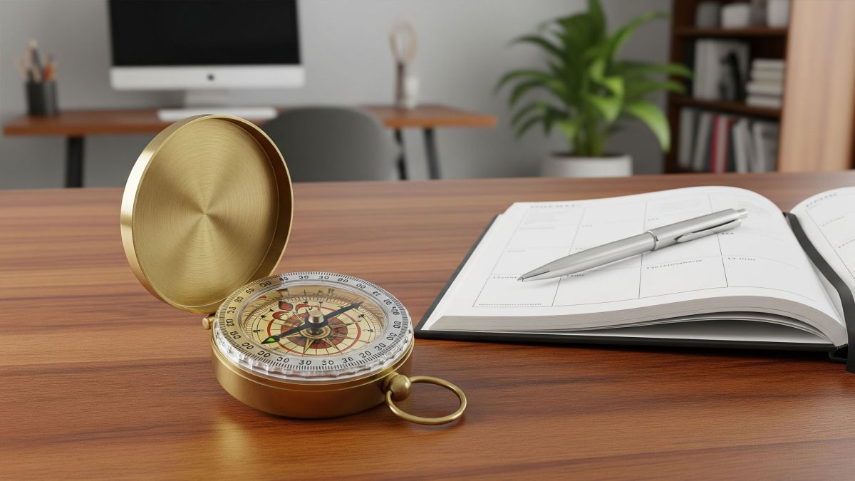 A compass on a wooden desk next to a planner, symbolizing strategic career and family life planning.