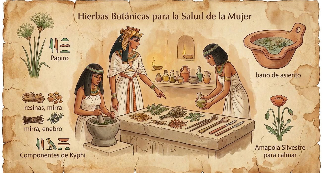 Hierbas secas, pergaminos y vasijas de barro que representan antiguos remedios botánicos utilizados en la salud femenina a lo largo de la historia.