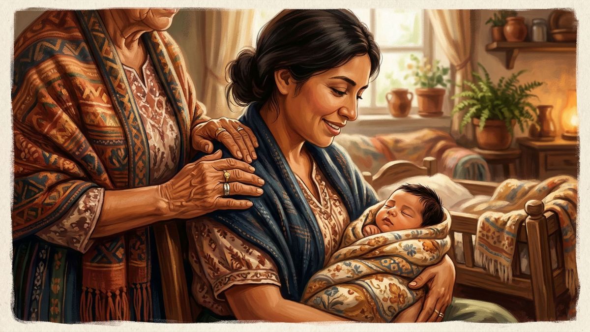Una abuela apoyando a una madre reciente y a su bebé en un ambiente hogareño cálido.