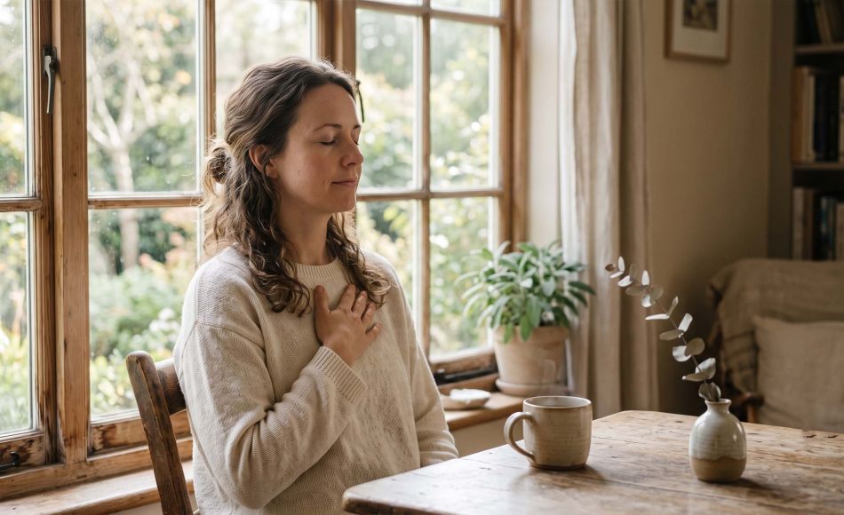 Woman by a window taking a slow breath to calm an overactive nervous system