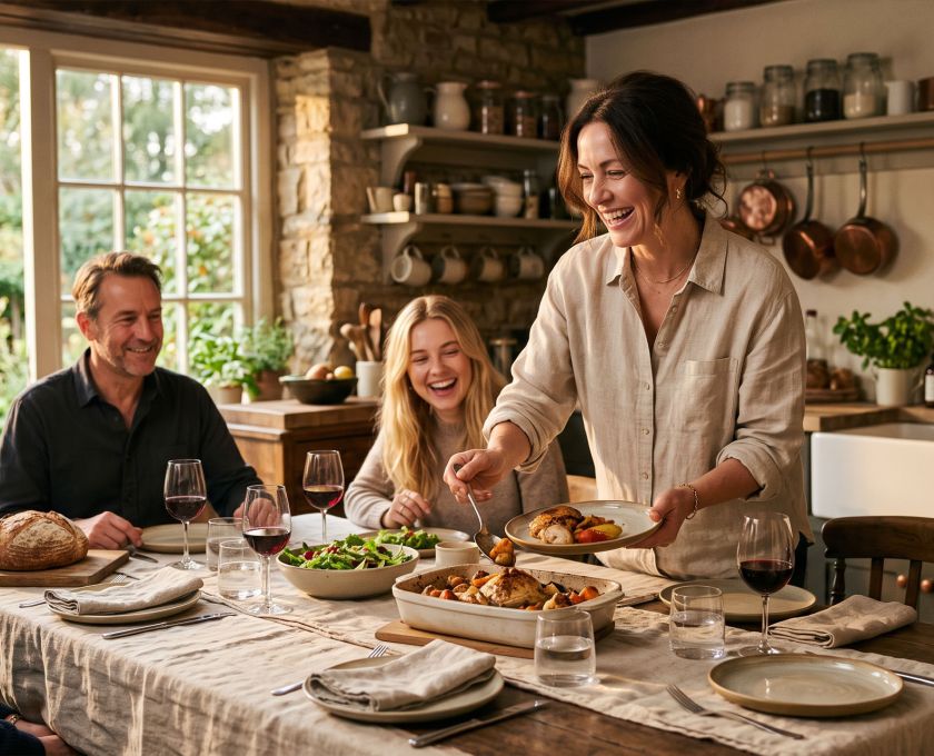 Woman serving a home-cooked family meal at a sunlit table, illustrating how to maintain a healthy weight without dieting.