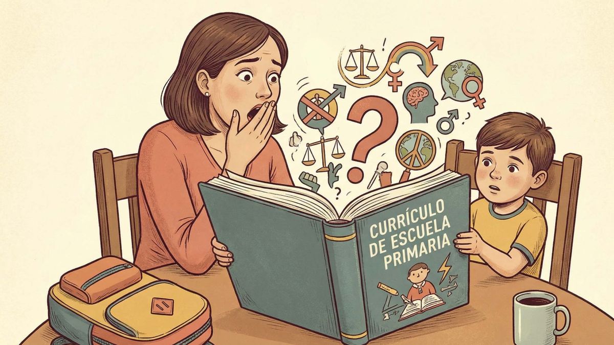 Una madre y su hijo revisando materiales educativos juntos en un entorno hogareño.