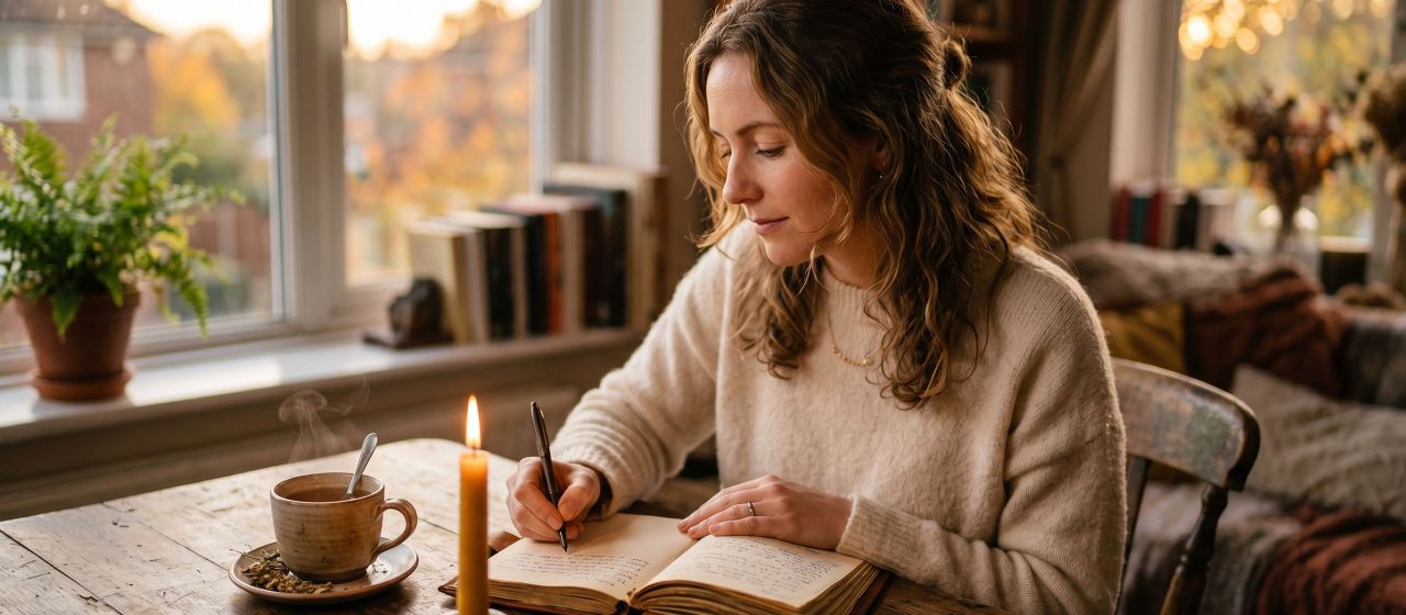 Woman sitting at a quiet table writing in a journal by candlelight, reflecting on rebuilding trust in her relationship