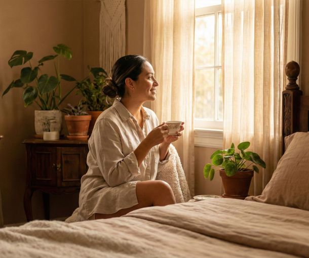 Una mujer serena en una habitación suavemente iluminada, representando la receptividad femenina y la armonía biológica.