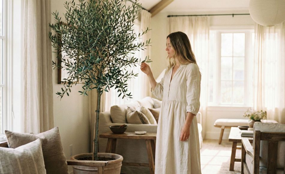 A woman reflecting in a serene, sunlit room, representing emotional peace and feminine grace.