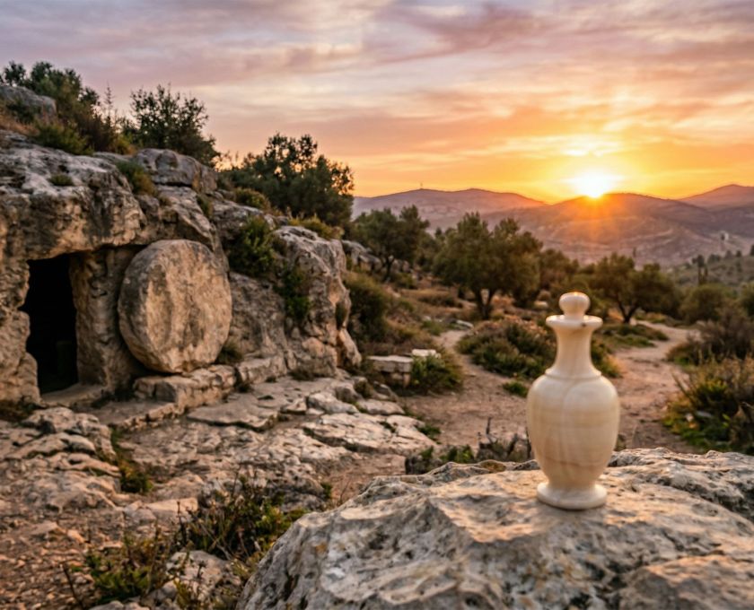 Sunrise over an empty ancient stone tomb with an alabaster jar in the foreground, symbolizing Mary Magdalene’s witness.