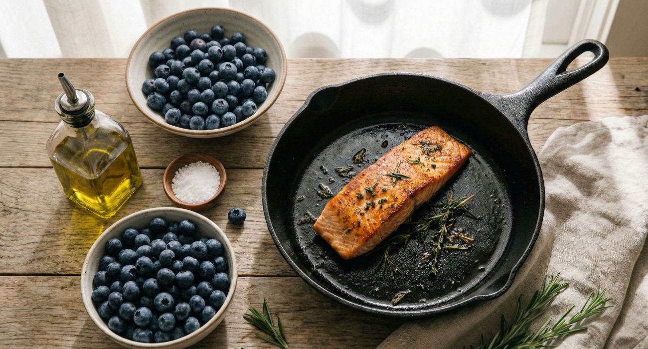 A variety of anti-inflammatory foods like salmon, berries, and healthy fats on a rustic wooden table.