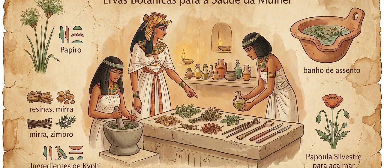 Ervas secas, pergaminho e recipientes de barro representando antigos remédios botânicos usados na saúde feminina ao longo da história.