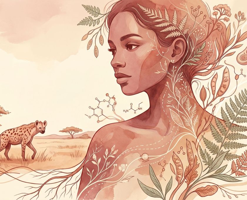 Soft editorial illustration of a woman in profile surrounded by botanical elements and subtle scientific diagram overlays representing hormones and biology
