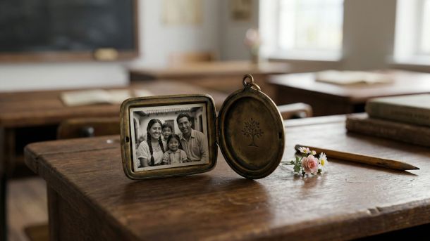 Un pupitre clásico de madera con una pequeña flor y un relicario antiguo, símbolo de un entorno educativo tranquilo y neutral.