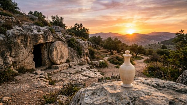 Sunrise over an empty ancient stone tomb with an alabaster jar in the foreground, symbolizing Mary Magdalene’s witness.