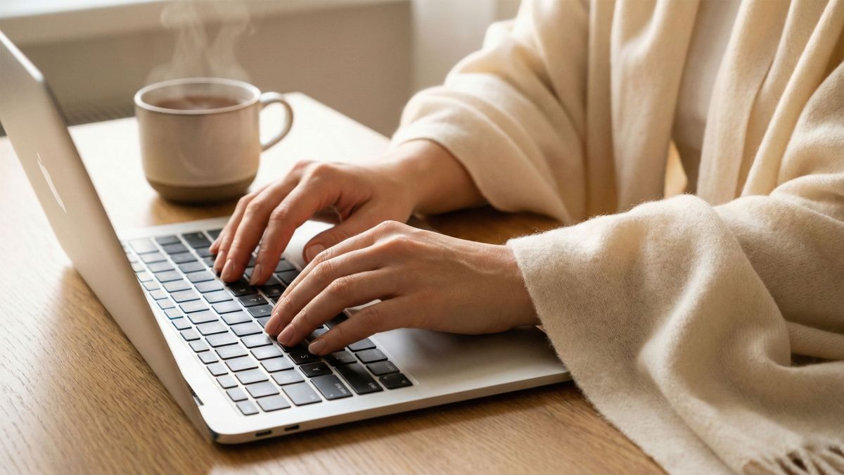 Un escritorio de oficina en casa sereno y organizado para una mujer profesional.