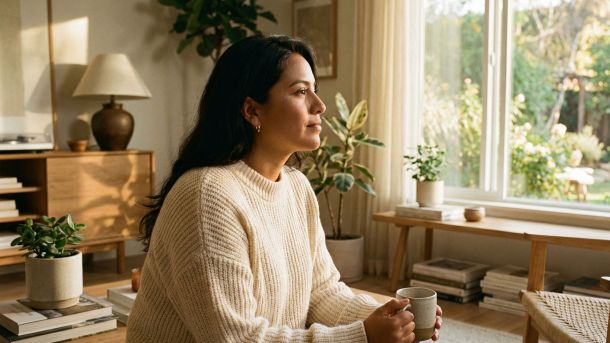 Una mujer practicando respiración consciente en una habitación luminosa y tranquila para reducir el estrés.