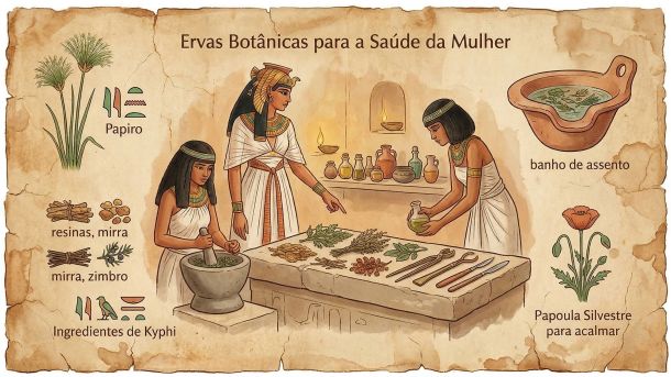 Ervas secas, pergaminho e recipientes de barro representando antigos remédios botânicos usados na saúde feminina ao longo da história.