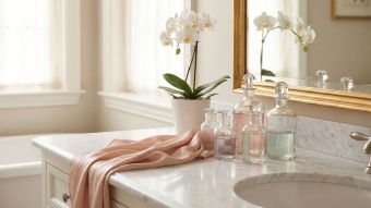 Eleganter Frisiertisch mit Luxus-Pflegeprodukten und Orchideen, die globale feminine Sch&ouml;nheit symbolisieren.