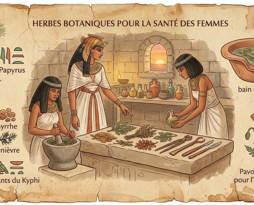Herbes séchées, parchemin et récipients en argile représentent d'anciens remèdes botaniques utilisés pour la santé des femmes à travers l'histoire.