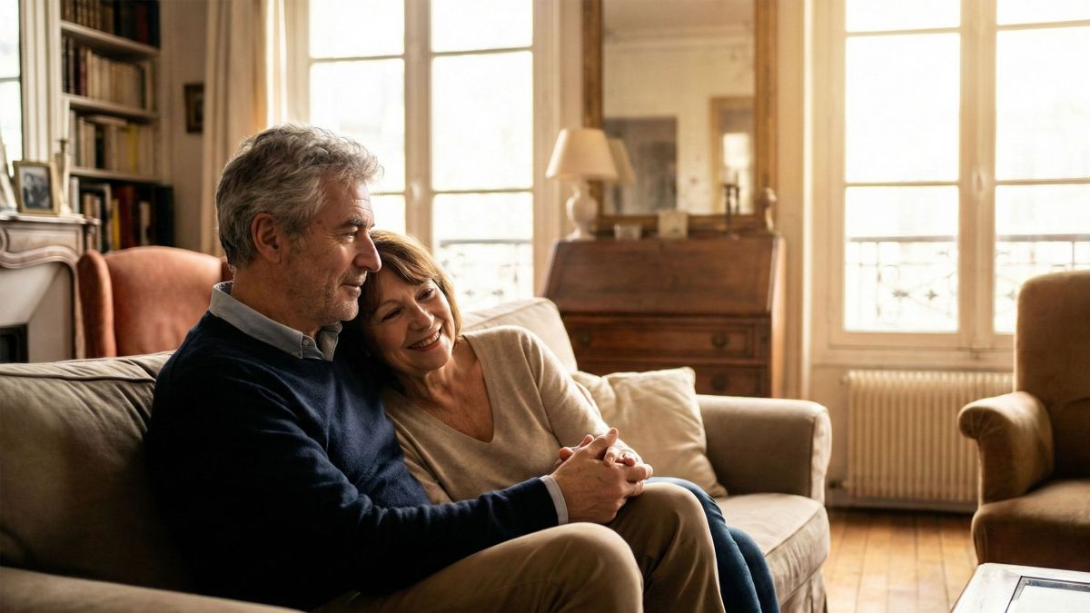 Un mari et sa femme assis ensemble, représentant un lien conjugal sûr et stable.