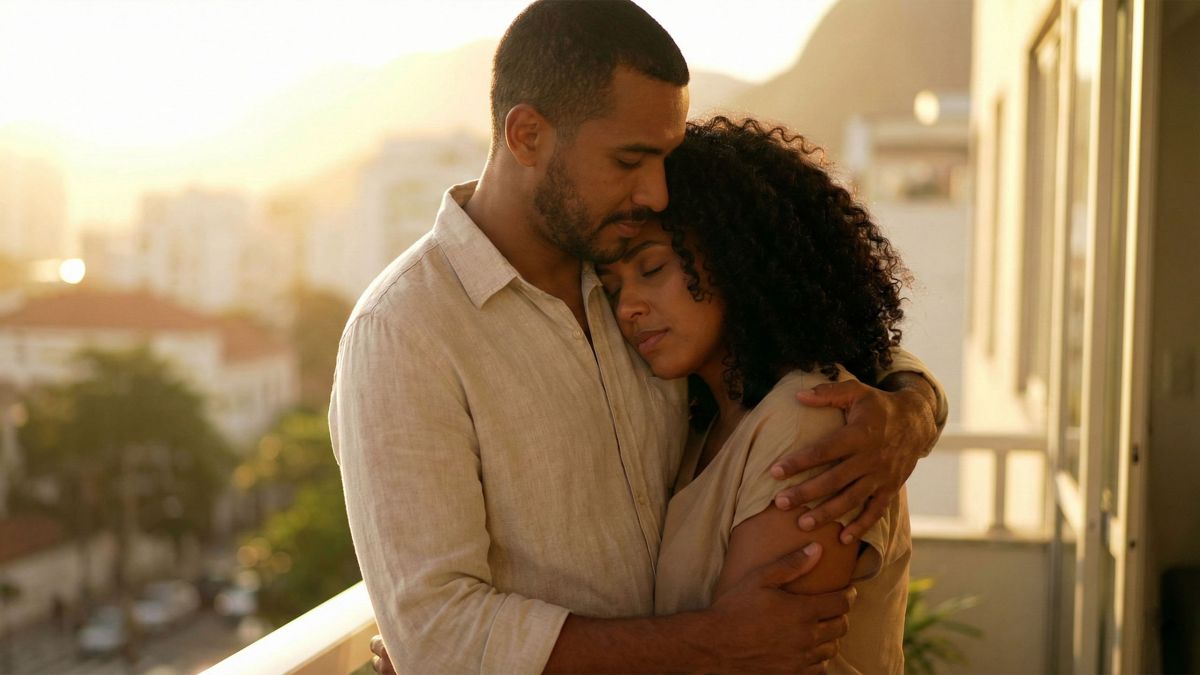 Uma mulher se sentindo segura e valorizada em um contexto de relacionamento tradicional.