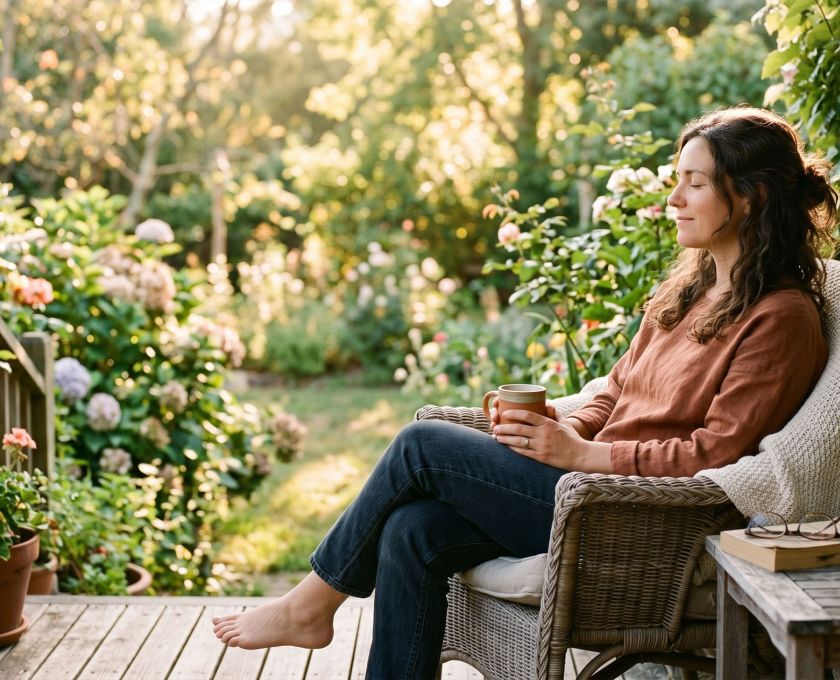 Woman sitting peacefully outdoors in soft morning light with eyes closed, representing emotional balance and calm